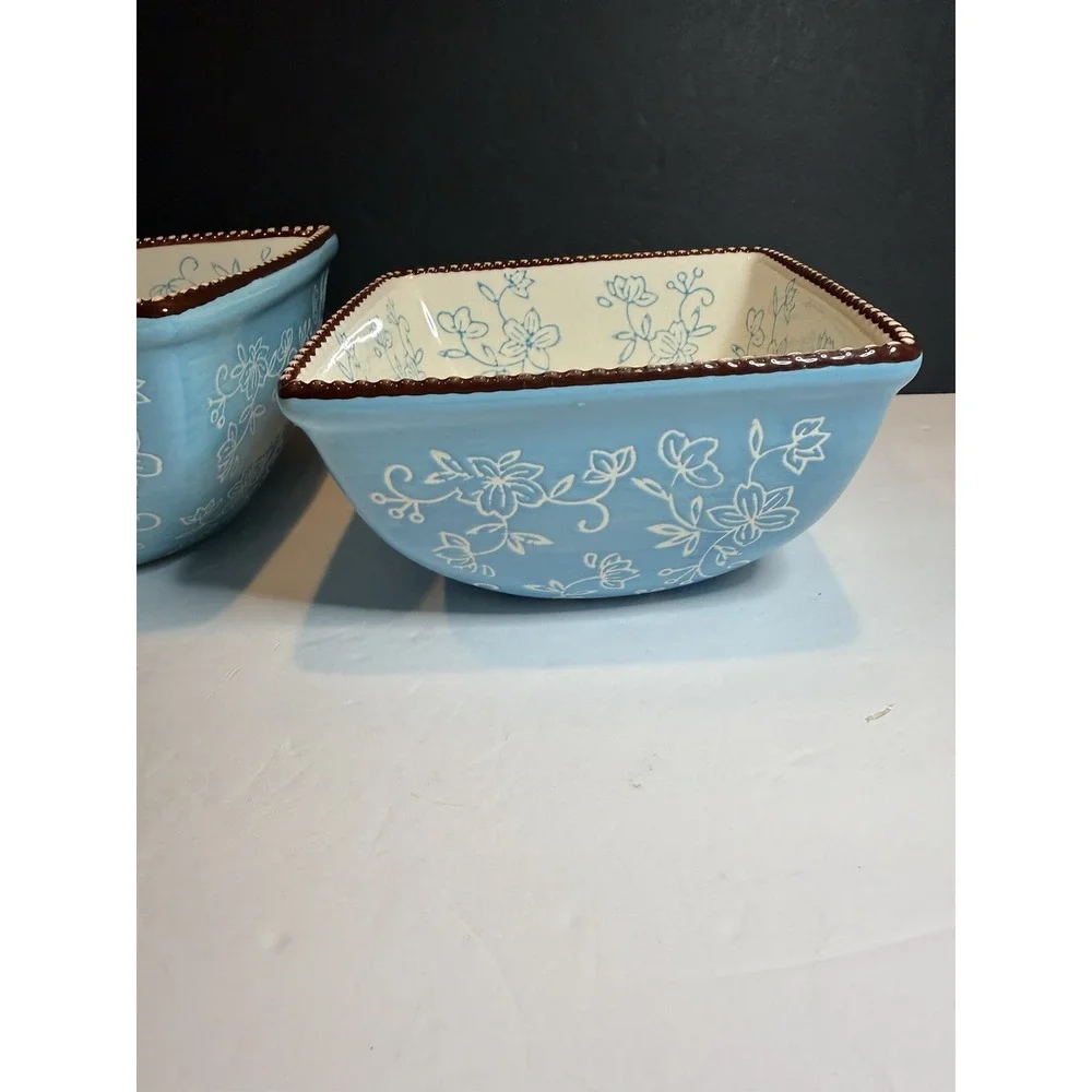 Temp-tations by Tara Floral Lace Blue Square Nesting Bowls Set 1 & 1.5 Qt
